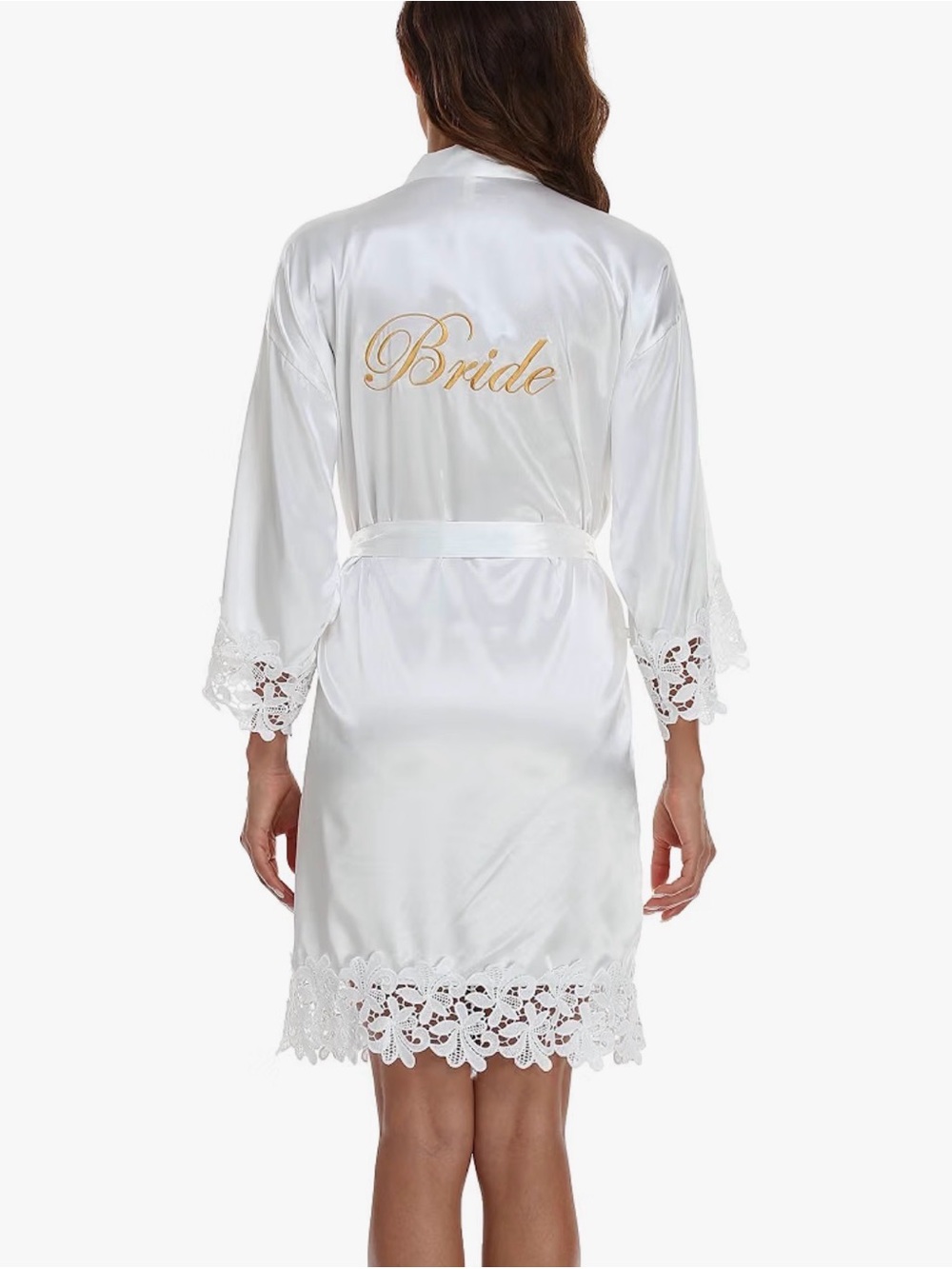 Bride Satin Lace Trim Kimono Robe - Embroidered